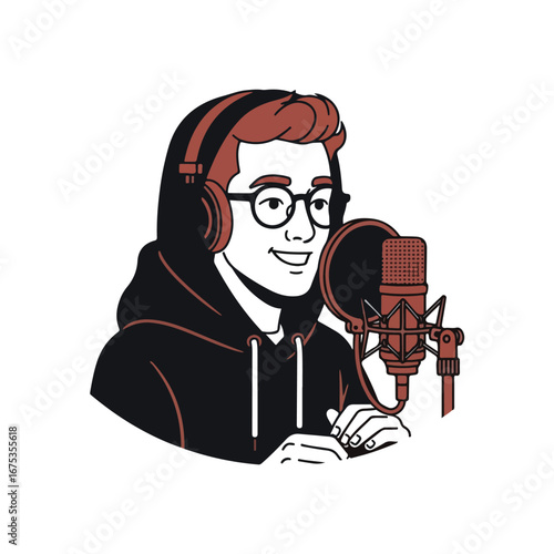 Podcast host with microphone and headphones vector illustration