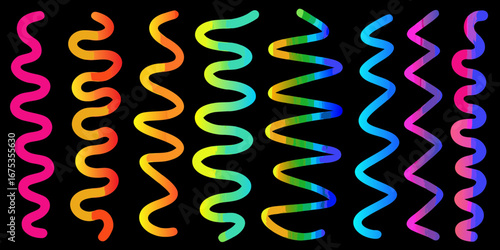 Collection of vibrant rainbow gradient wavy lines and zigzags on a black background