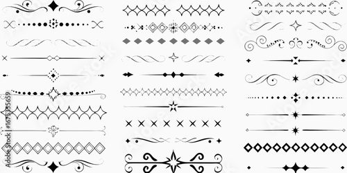 Collection of decorative ornate black and white dividers and borders with geometric shapes and swirls