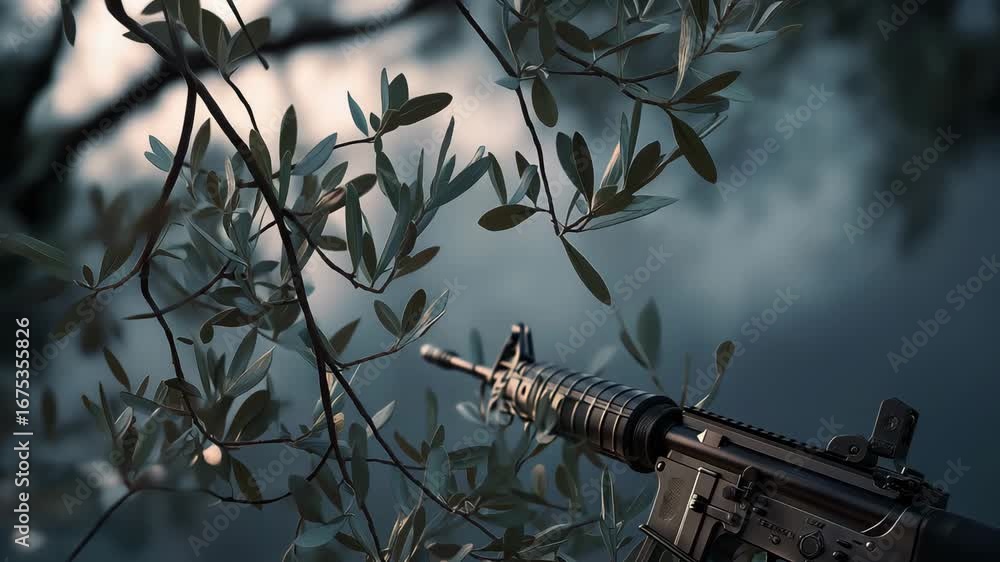 A black rifle is in a tree. The tree is green and has leaves. Olive ...