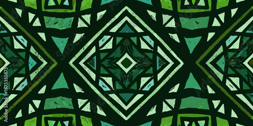 Abstract geometric pattern with tribal motifs in various shades of green and teal