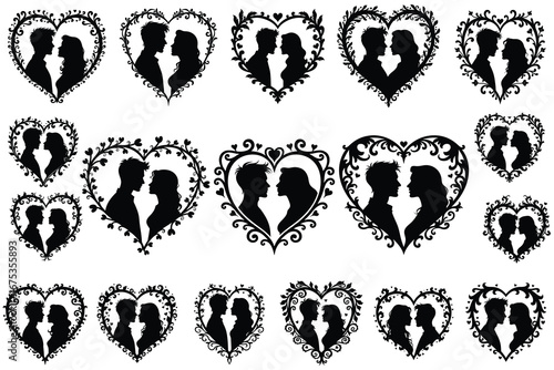 Romantic couple silhouettes in decorative heart frames