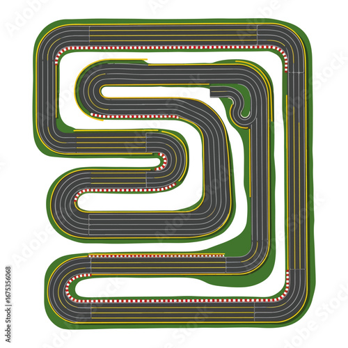 Stylized aerial view of a slot car race track layout