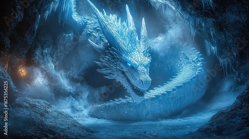 Majestic blue dragon with glowing eyes coiled inside icy cave surrounded by frost and stalactites emitting cold mist