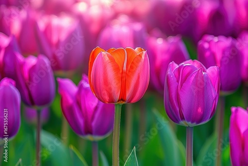 Close-up of a vibrant orange tulip surrounded by multiple purple tulips in a sunlit garden, evoking a sense of fresh spring beauty