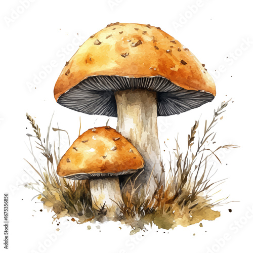 Forest Mushrooms, watercolor illustration vector, isolated on a white background.