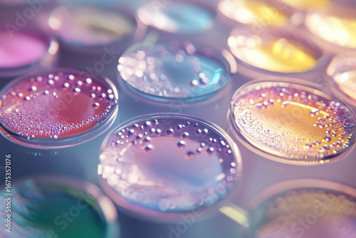Close-up of petri dishes with colorful liquids and bubbles, suggesting a scientific experiment or research in a lab.
