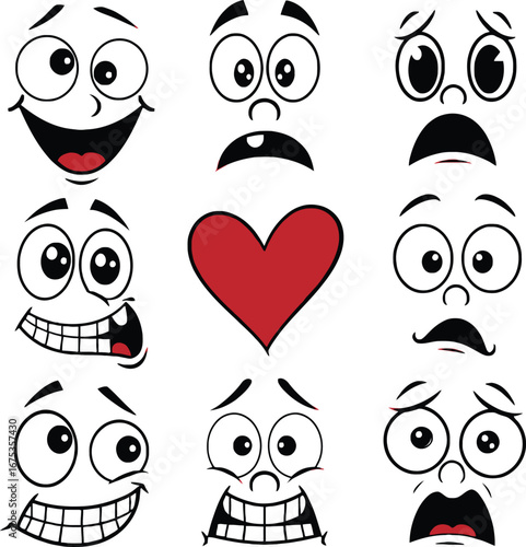 Collection of cartoon faces expressing various emotions around a red heart
