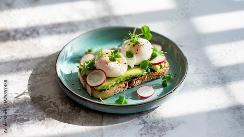 Modern minimal food styling shot of avocado toast poached eggs radish slices microgreens arranged neatly on a ceramic plate The plate sits on a light concrete surface with soft natural side lighting
