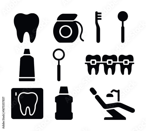 Dental care icons: tooth, floss, brush, mirror, braces, mouthwash, dental chair