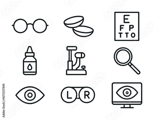 Vision care icons: glasses, contact lenses, eye chart, eye drops, optometry tools