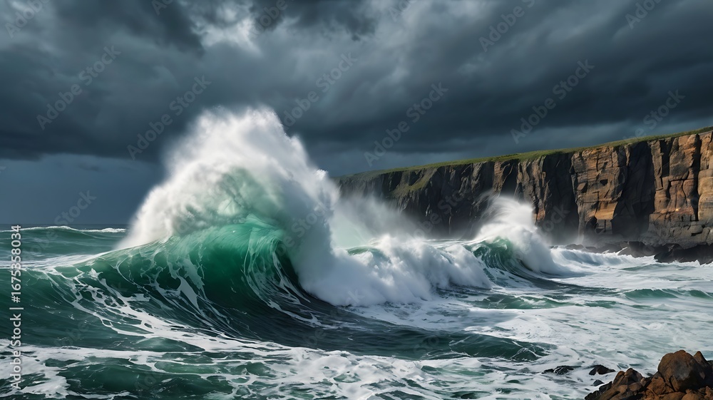Obraz premium Powerful ocean waves crash against rugged cliffs under a dramatic stormy sky