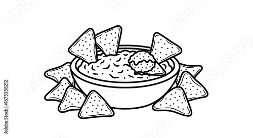 Hand-drawn illustration of nachos and dip offering a minimalist culinary representation perfect