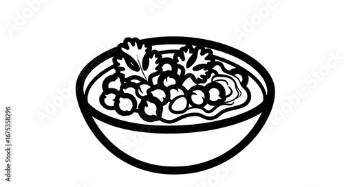 Monochrome bowl of chickpeas and noodles with herbs illustration design