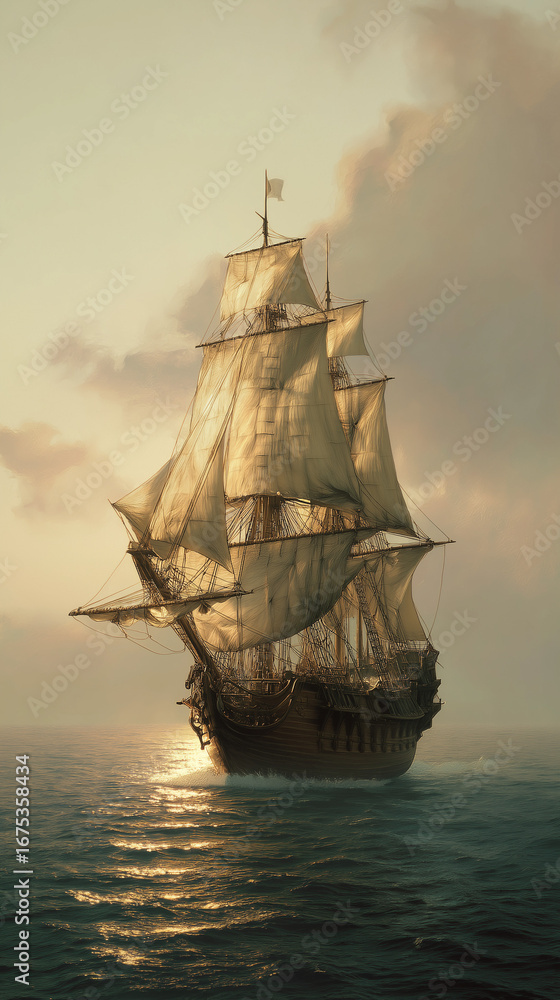 Fototapeta premium Magnificent old wooden sailing ship navigating the open sea