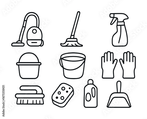 Outline icons of household cleaning tools: vacuum, mop, spray bottle, gloves, buckets, and brushes