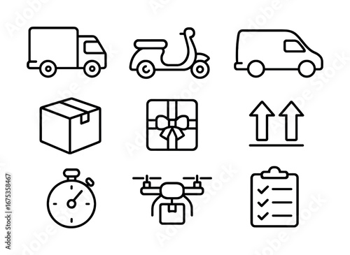 Delivery icons set: truck, scooter, van, package, timer, drone, checklist