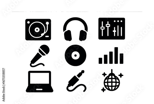 Dj equipment icons: turntable, headphones, mixer, microphone, laptop, connector, disco ball