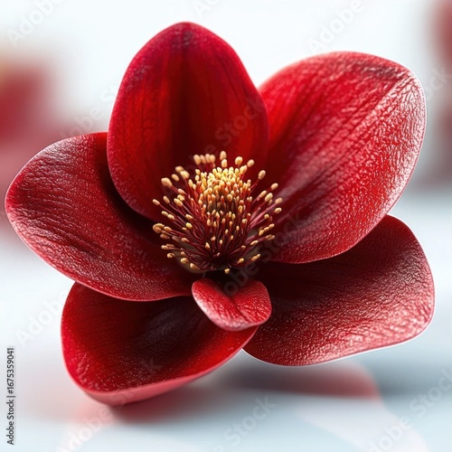 Close-up of a vibrant deep red flower with detailed textured petals and numerous yellow stamens at the center, photographed with soft natural light