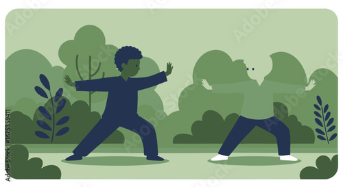 Two people practicing Tai Chi in a park surrounded by trees and greenery