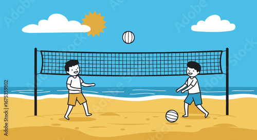 Two friends enjoying a lively game of beach volleyball under the warm sun, capturing the essence of summer fun and active recreation on a sandy shore