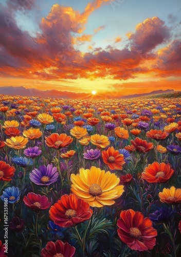 Vibrant blooming wildflowers in shades of orange, purple, yellow, and red under a dramatic sunset sky with glowing clouds and a bright sun on the horizon