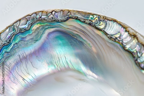 Close-up of iridescent abalone shell interior, showcasing vibrant colors and intricate layers.