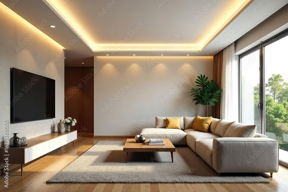 Fototapeta premium Modern minimalist ceiling lights illuminate a contemporary living room, creating a warm and inviting atmosphere Clean lines and bright, diffused light are featured , decor, elegant, lighting