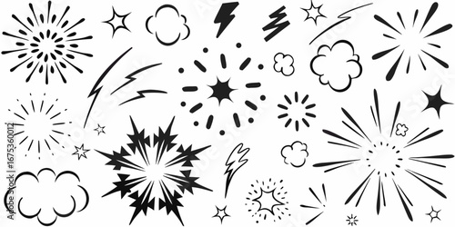 Collection of hand drawn comic book style explosions stars lightning bolts and speech bubbles