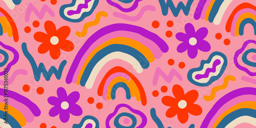 Groovy retro abstract pattern with rainbows flowers and wavy shapes on pink background