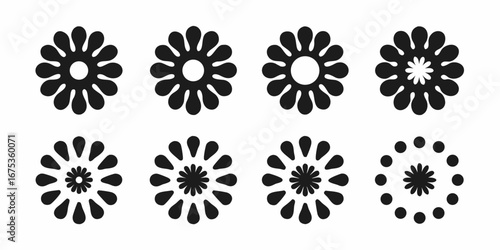 Collection of eight stylized black floral or sunburst graphic elements on a white background