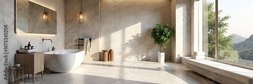 Luxury bathroom featuring large format porcelain tiles, creating a sleek and modern design The subtle veining adds depth and sophistication to the space , renovation, building materials