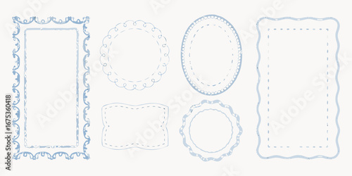 Collection of six decorative hand drawn frames and borders in various shapes and styles