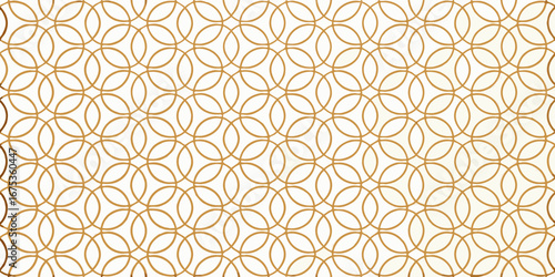 Seamless geometric pattern of interlocking golden circles on a cream background