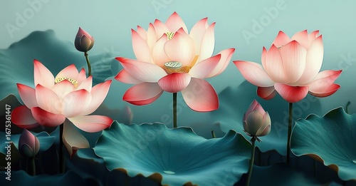 Close-up of delicate pink lotus flowers blooming with large teal leaves surrounding them, evoking a serene and peaceful natural atmosphere