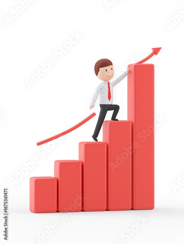 Cartoon business character climbing growth bar chart symbolizing success and performance improvement