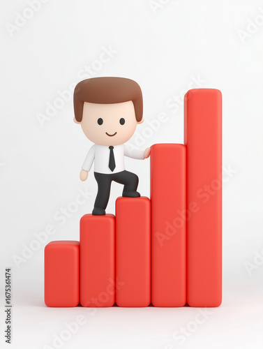 Cartoon business character climbing growth bar chart symbolizing success and performance improvement