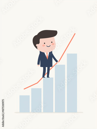 Cartoon business character climbing growth bar chart symbolizing success and performance improvement