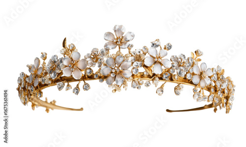 Ornate gold tiara with floral and gemstone accents