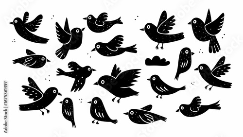 Charming flock of black birds in various playful flight poses, perfect for whimsical designs