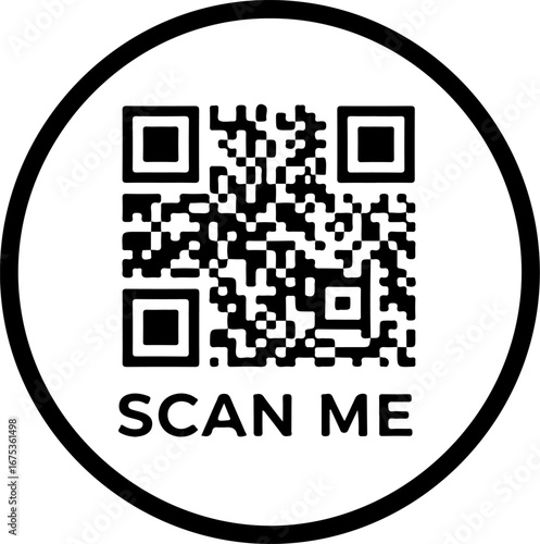 "SCAN ME" QR code in a circle on white background