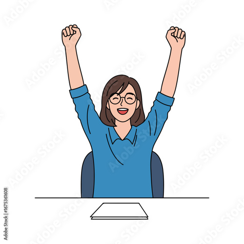 A happy woman in a blue shirt at her desk celebrating success with arms raised. A drawing of a successful businesswoman or student cheering. Hand drawn character illustration.