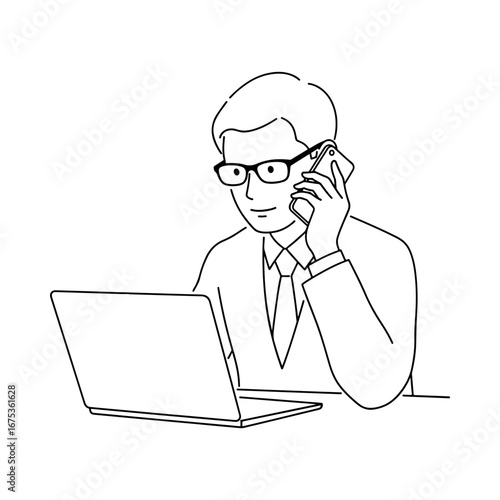 A businessman in a suit talking on the phone while working on a laptop at his desk. A simple line art drawing of a professional multitasking in an office environment.