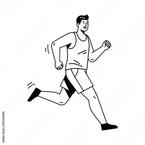 A man running or jogging in sportswear. A dynamic black and white line drawing depicting a cardio workout, marathon training, or an active and healthy lifestyle.