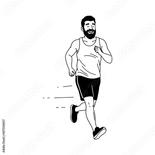 A bearded man running at a fast pace. A black and white line art drawing with motion lines to show speed, illustrating jogging, cardio exercise, or marathon training.