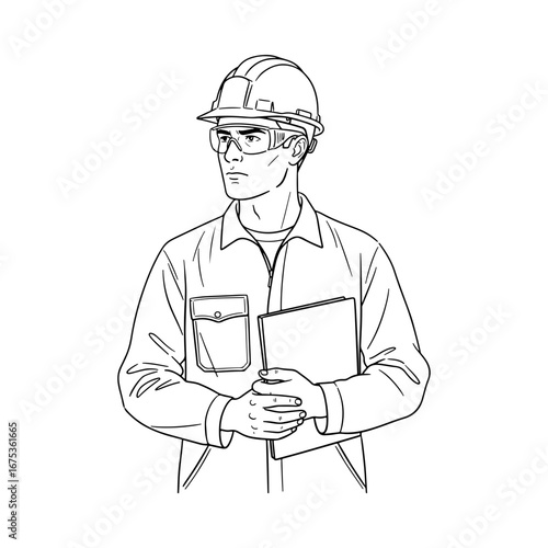A professional engineer or construction site manager in a hard hat and safety glasses, holding a folder. Industrial and building concept. Line art illustration.