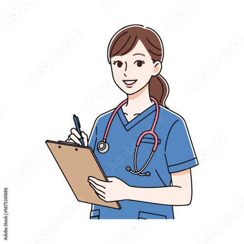 A friendly and professional female nurse or doctor in scrubs with a stethoscope, holding a clipboard. Healthcare and medical services concept. Color illustration.