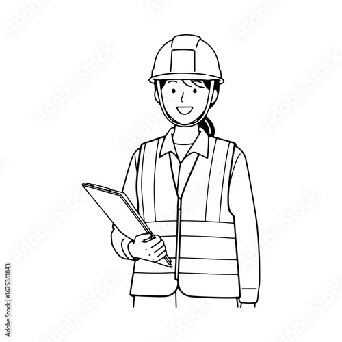 A female construction worker or engineer wearing a hard hat and safety vest, holding a clipboard. Industry professional on a building site. Line art.