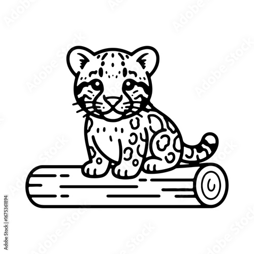 A cute baby wild cat sitting on a log in a line art style. Black and white ocelot or leopard cub illustration for a coloring book page or simple design.