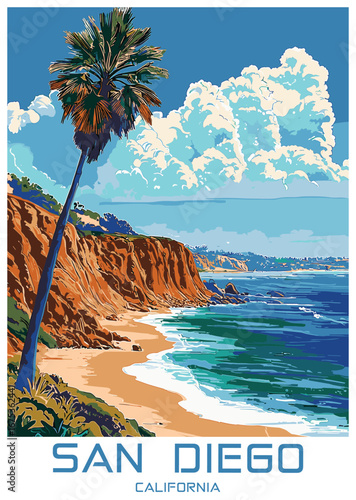 Scenic vector illustration of San Diego's coastline